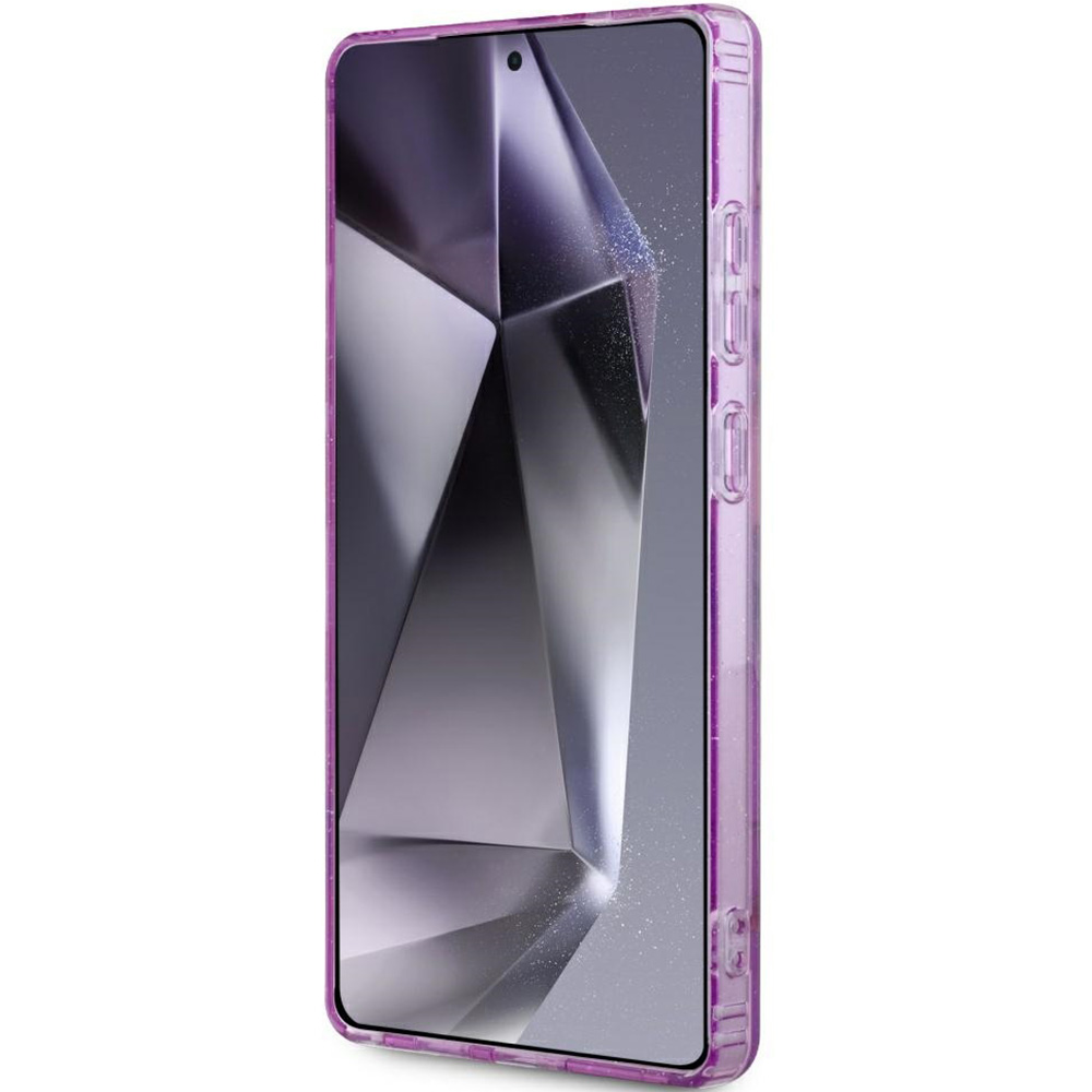 Etui Guess Glitter Flowers Triangle Buttons do MagSafe do Samsung Galaxy S25 Ultra, fioletowe